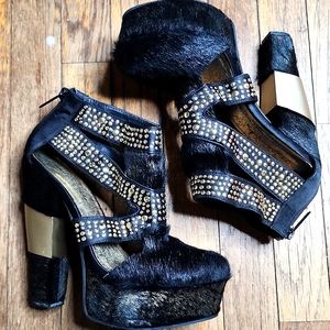 Black Faux Fur Gold Studded Chunky Platform Heels